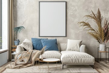 Canvas Print - A minimalist living room showcasing a comfortable white sofa adorned with cushions, a blank frame on the wall, and neutral-toned decor elements creating a cozy ambiance.