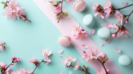 Poster - This vibrant spring-themed flat lay features pastel-colored macarons and delicate cherry blossom flowers arranged beautifully on a pink and green background.