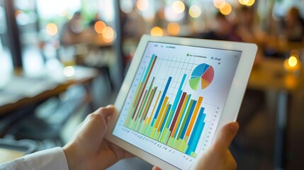 Poster - A financial advisor discussing investment strategies using a bar graph chart on a tablet.