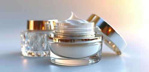 Two cream moisturizers on a white base with a white background and yellow light highlights behind