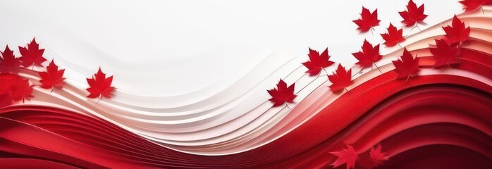 Banner Abstract flowing waves with red maples on white background with beautiful bokeh and with copy space 