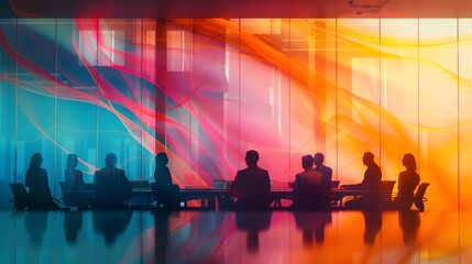 Wall Mural - A group of businessmen are sitting around a table in a room with a blue and purple background. The scene is professional and serious. This is because people often discuss important matters with each o