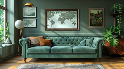 Wall Mural - A stylish living room features a luxurious green sofa, framed world map, lush plants, globe, and vibrant artwork, bathed in natural sunlight.