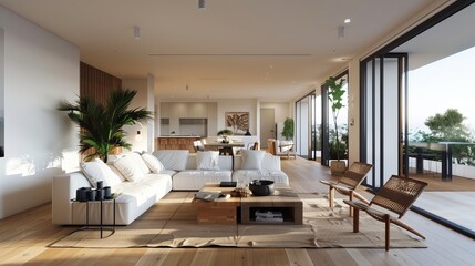 Wall Mural - A spacious modern living room featuring a white sofa, wooden floor, large windows, and a stunning outdoor view, perfect for relaxation and entertaining guests.