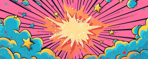 Wall Mural - Dynamic pop art comic book style explosion with colorful stars and cloud background