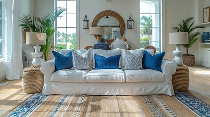 Poster - Cozy coastal living room featuring a white sofa with blue pillows, a round mirror, wicker decor, and large windows allowing an abundance of natural light.