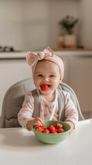 Wall Mural - A baby is sitting in a high chair eating strawberries