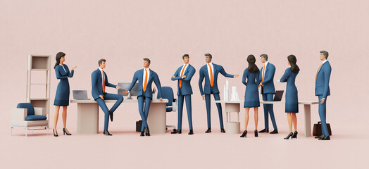 Wall Mural - Business people talking in office, collaborating on a project, sharing ideas. 3D rending illustration 