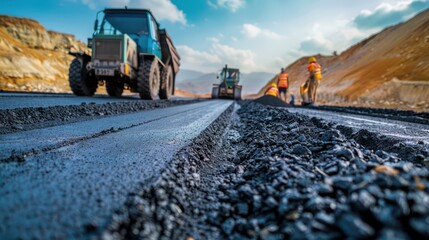 Wall Mural - Workers using heavy machinery to lay asphalt on a road.