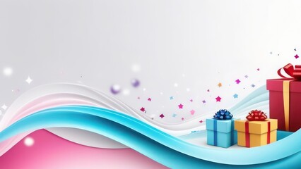 Abstract flowing waves with gifts on white background with beautiful bokeh and with copy space