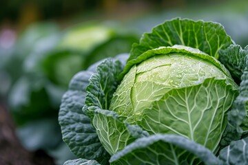 Sticker - Close-up image of a dewy cabbage head amidst vibrant leaves in a vegetable garden