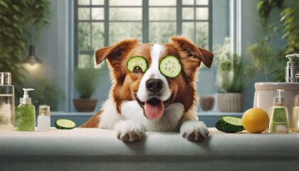 Canvas Print - a dog with a cucumber on his eyes