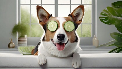 Canvas Print - a dog with a cucumber on his eyes