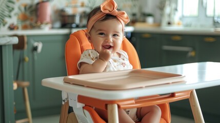 Wall Mural - A baby is sitting in a high chair with a tray in front of her