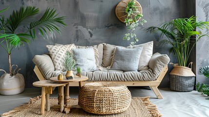 A cozy living room featuring a beige couch with decorative pillows, surrounded by lush green plants and an inviting wicker coffee table on a rug.