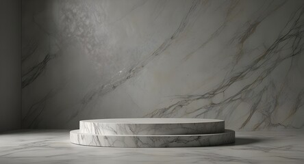 Wall Mural - Cosmetic marble podium product minimal scene with platform grey background 3d render. Display stand for pastel white color mock up. stand to show beauty backdrop on pedestal.