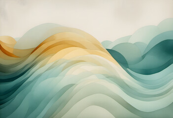 Wall Mural - Abstract digital painting with flowing, layered waves in shades of blue, teal, and orange.