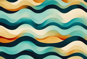 Wall Mural - Abstract digital painting with flowing, layered waves in shades of blue, teal, and orange.