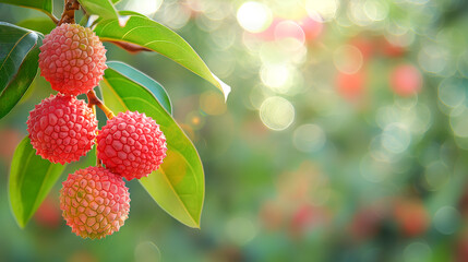 Wall Mural - Ripe Lychee fruits hang on a branch against the backdrop of an orchard