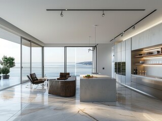 A modern kitchen with a beautiful ocean view, perfect for breakfast or dinner