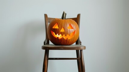 Poster - Jack o lantern pumpkin on chair with white background fall and Halloween decoration space