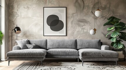 A stylish living room featuring a spacious grey sectional sofa, a piece of abstract wall art, and modern hanging lighting, achieving a chic and comfortable look.