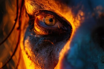 Poster - Macro shot capturing the detailed beauty of a human eye bathed in the golden light of sunset