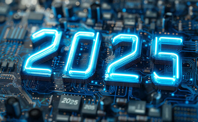 Close-up of 2025 in neon lights on a circuit board.