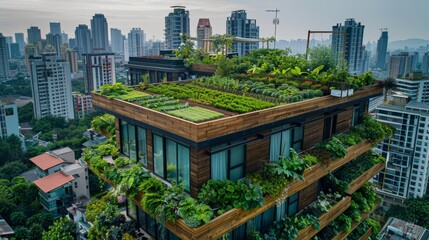 Rooftop garden atop a modern residential skyscraper, lush green plants and vegetable plots, futuristic urban farming