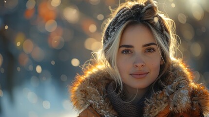 Wall Mural - A beautiful young woman walking in winter in a park