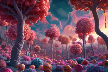 Poster - Surreal landscape with candy trees and colorful flora under a vibrant sunset sky