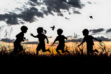 Canvas Print - Black silhouette of playing kids.