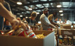 © Curioso.Photography - Boxes of canned goods and packaged food items in a busy community food bank.