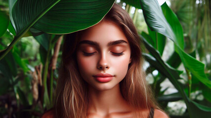 Calm charming girl meditating close-up, peaceful face with closed eyes in a calm environment, among the leaves of tropical trees