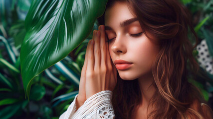 Calm charming girl meditating close-up, peaceful face with closed eyes in a calm environment, among the leaves of tropical trees