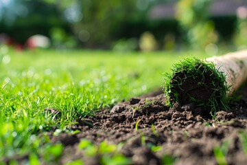 Wall Mural - A green grassy field with a large piece of grass laying on the ground