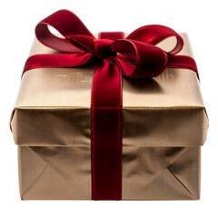 Elegant Gold Gift Box with Luxurious Burgundy Ribbon on White Background