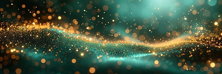 Wall Mural - Shiny shining emeralds and gold sparkles, macro photo and blurred bokeh, background for Christmas, birthday and new year