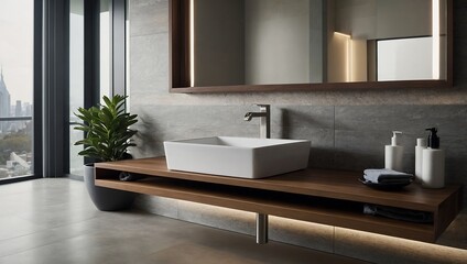 Wall Mural - Elegant vessel sink complementing a light countertop in a modern bathroom