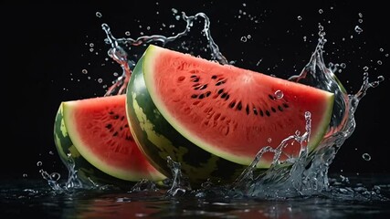 Canvas Print - Pieces of ripe watermelon, splashes of water on a dark background