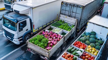 Wall Mural - Refrigerated trucks delivering fresh produce to a supermarket.