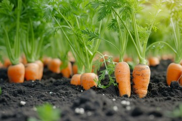 Sticker - Vibrant carrots emerging from fertile soil in a garden, bathed in warm sunset light