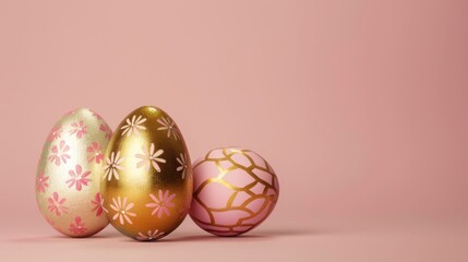 Poster - Three gold painted Easter eggs in various designs on a soft pink background Easter theme Horizontal layout Space for text