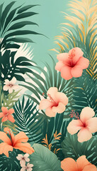  A vibrant floral pattern featuring large pink and red hibiscus flowers, orange blossoms, green palm leaves and green tropical leaves on a light background.
