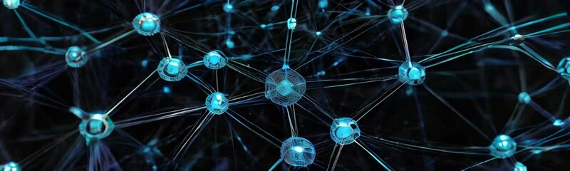 Digital network of interconnected nodes glowing with blue light against a dark background. The lines connecting the nodes, data transfer, digital communication, neural networks web banner