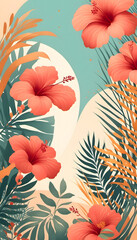  A vibrant floral pattern featuring large pink and red hibiscus flowers, orange blossoms, green palm leaves and green tropical leaves on a light background.