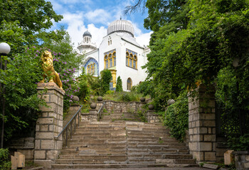 Poster - Stone stairs to old palace of Emir of Bukhara in Zheleznovodsk, Russia. Scenic view of historical landmark of city in summer. Concept of travel and resort in Stavropol Krai.