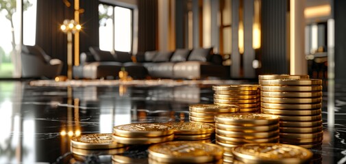 Poster - A pile of gold coins sits on a marble countertop in a luxurious room