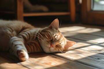 Poster - Content orange tabby cat lies sleeping on a wooden floor bathed in warm sunlight