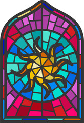 Wall Mural - Church glass window. Gothic arch frame with medieval symbol. Vintage architecture element. Stained color mosaic decoration with sun